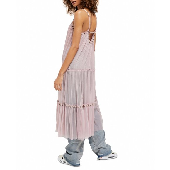 Free People Womens Midi Dress Small Pink Studded Mesh Night Out Tiered Trapeze - Picture 2 of 14